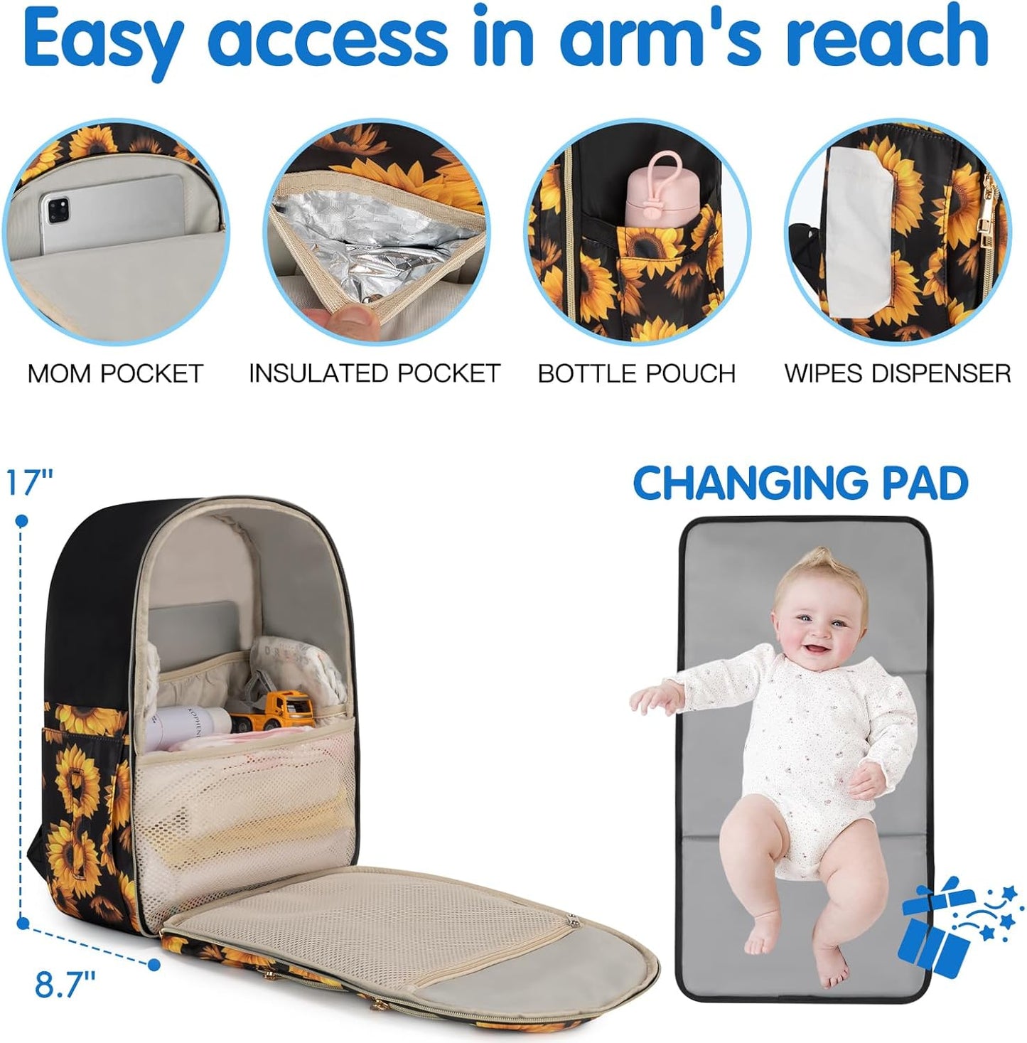 KABAQOO Baby Diaper Bag Backpack, Waterproof Diaper Backpack for Mom & Dad with Changing Pad, Insulated Pockets and Stroller Straps, Baby Shower Gifts for Girls & Boys, Sunflower