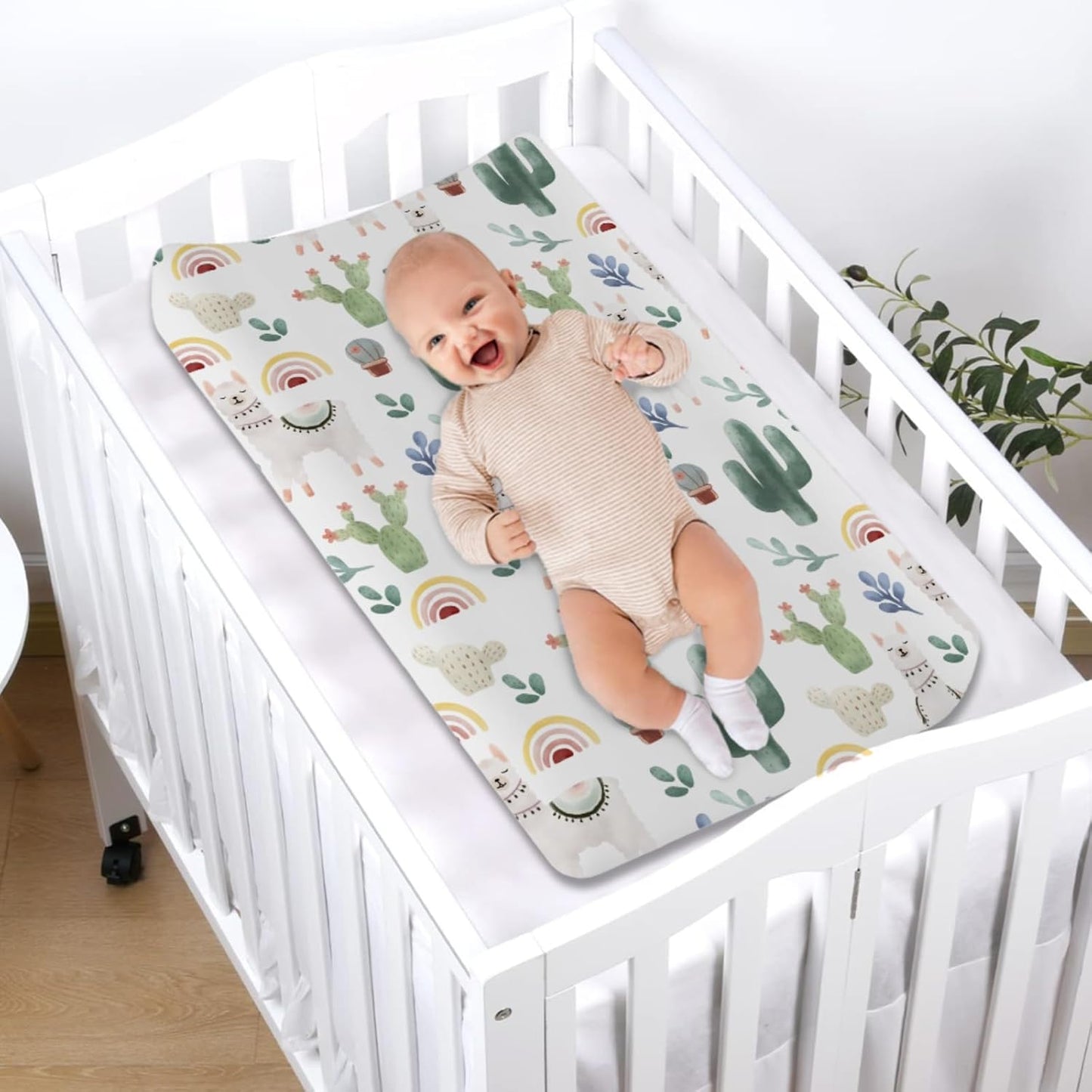 Cute Llama Changing Pad Cover Funny Llama Cactus Leaves Rainbow Unisex Diaper Change Table Covers for Boys Girls Soft Stretchy Baby Changing Mats Sheets 32''x16''