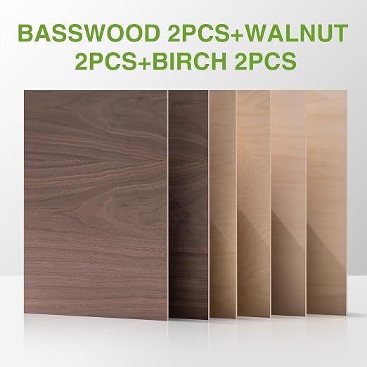 Rowood 6 Pack Plywood 1/8, 2 Pack Walnut+2 Pack Basswood+Double Pack Birch