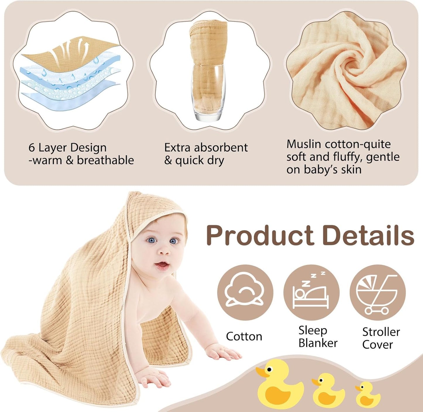 Peryiter 6 Pcs Muslin Hooded Baby Towels, 32"x 32" Cotton Newborn Bath Towel Muslin Infant Baby Blankets Absorbent Unisex Newborn Registry Gift Essentials for Girls Boys (Brown)