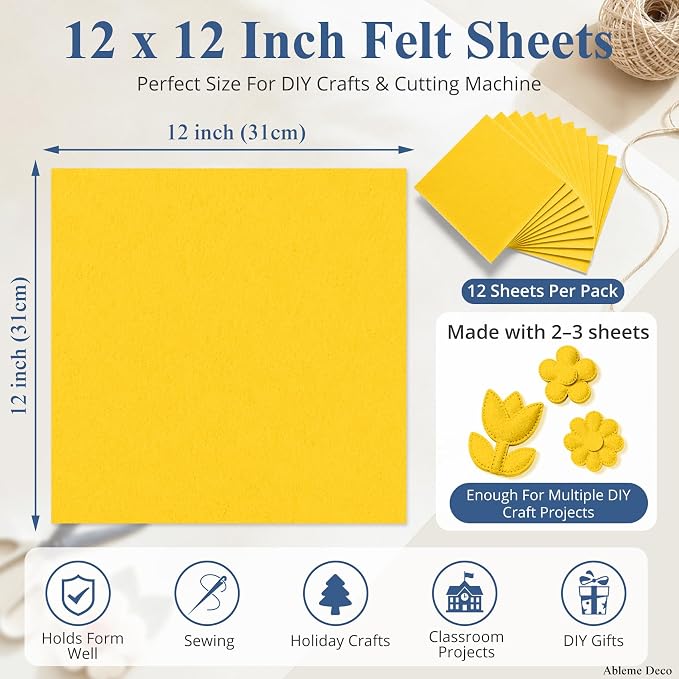 12" x 12" Felt Sheets for Crafts, 2mm Stiff Felt Golden Yellow | 2mm Thick