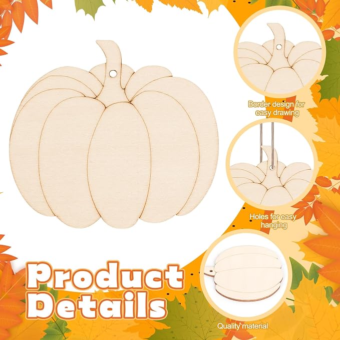 24 PCS Unfinished Wooden Fall Crafts, Pumpkin Shaped Hanging Ornaments DIY Wood
