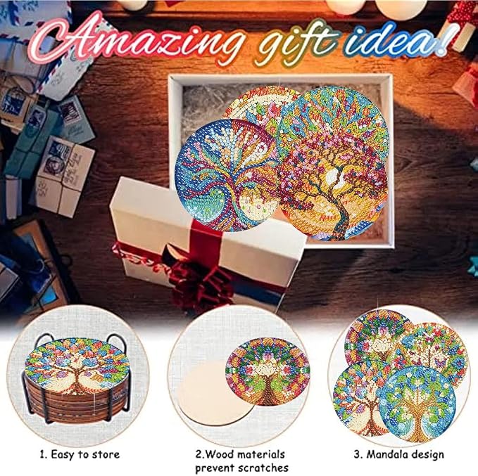 8 Pack Diamond Art Coasters, Tree of Life Diamond Painting Coasters Kits | Tree
