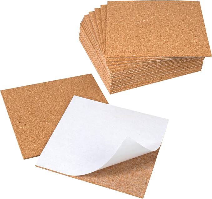20 Pack Self Adhesive Cork Sheets 4x4 Inch Square, 0.08 in Thick Sticky Back