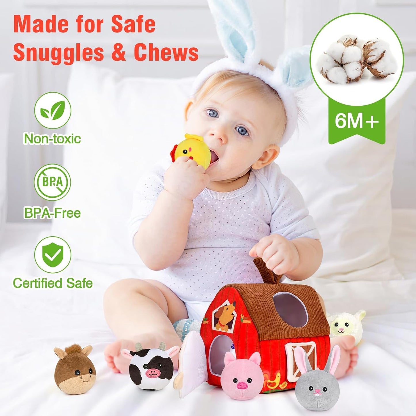 Baby Toys 6-12 Months: Plush Surprise Barn with Stuffed Farm Animals, Rattle, Crinkle Paper, Mirror, Busy Montessori Toys for Babies, Infant, Newborn, Sensory Toys for Toddlers 1-3