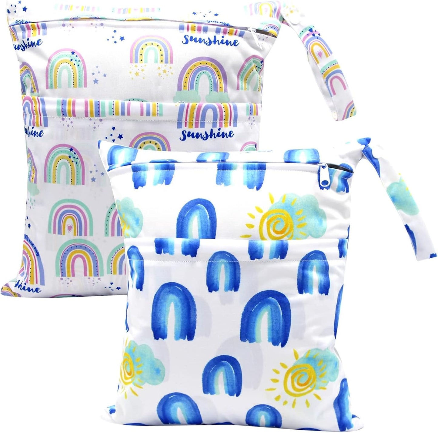 2pcs Waterproof Wet Bags with Two Zippered Pockets, Washable, Reusable for Travel, Beach, Pool, Stroller, Diapers, Dirt Gym Clothes, Wet Swimsuits, Toiletries -Rainbows