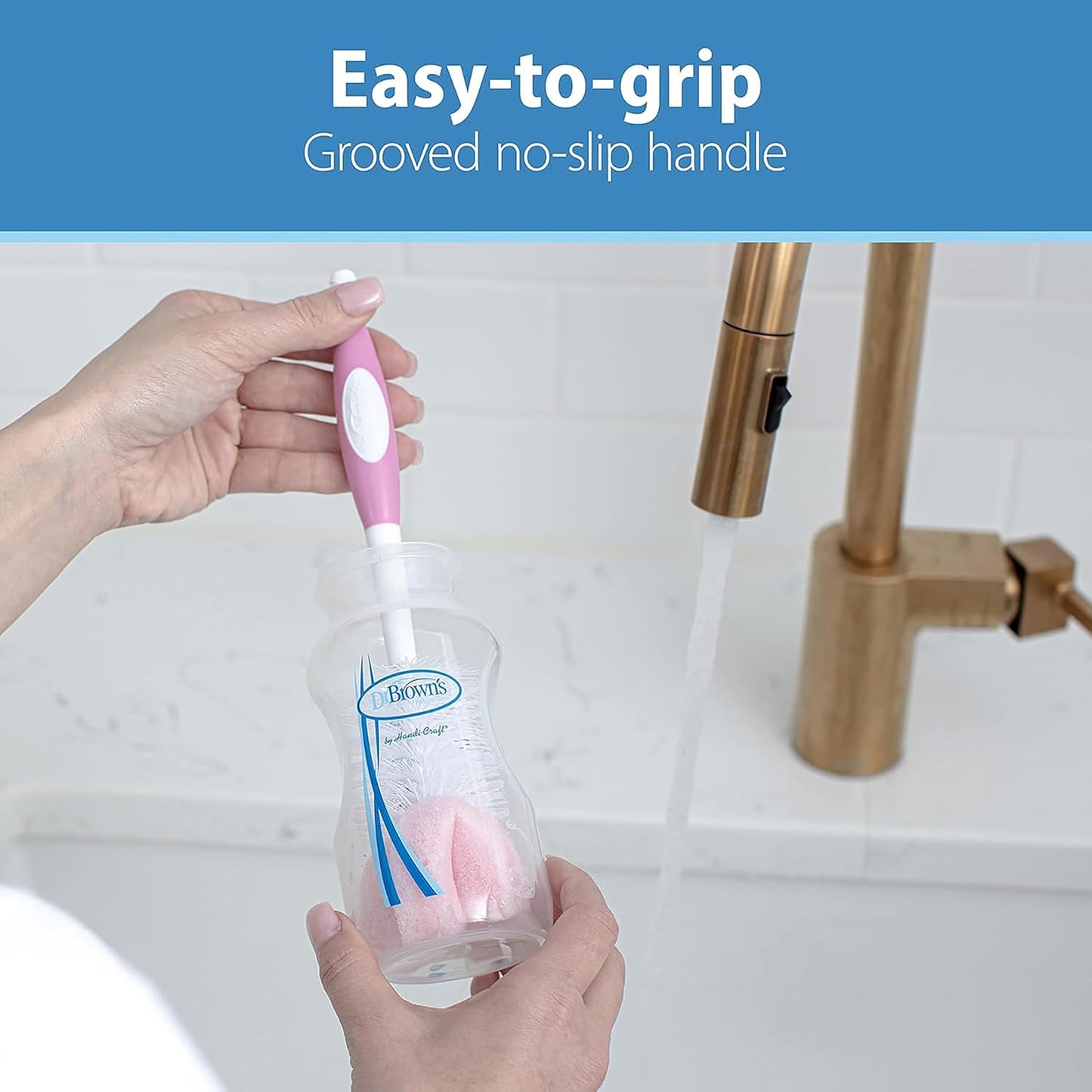 Dr. Brown's Reusable Sponge Baby Bottle Cleaning Brush with Suction Cup Stand, Scrubber and Nipple Cleaner, Pink 2-Pack