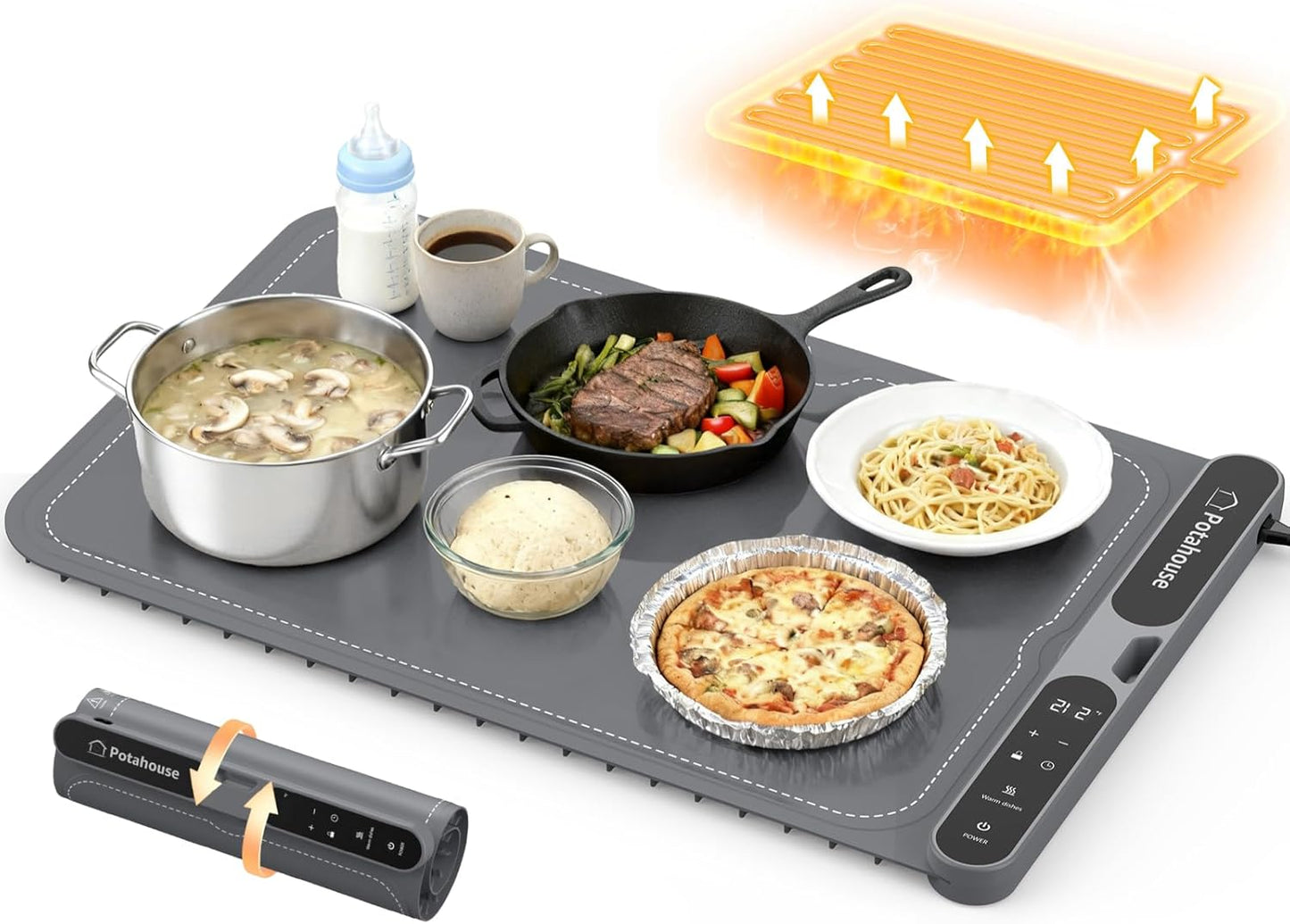 Food Warming Mat, 5s Fast Heating,Electric Warming Tray with 7 Temp 8 Timer Settings,Rollable & Portable Food Warmer for Parties,Buffet,Home and Travel Use, 23"x15"