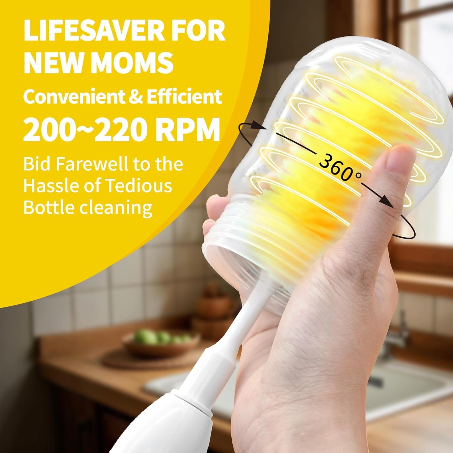 Electric Bottle Brush Cleaner, Portable Electric Baby Bottle Brush Cleaner for Travel, Rechargable Travel Bottle Cleaner Kit with Nipple & Straw Brush, Perfect Mom Essentials After Birth Gift, Yellow