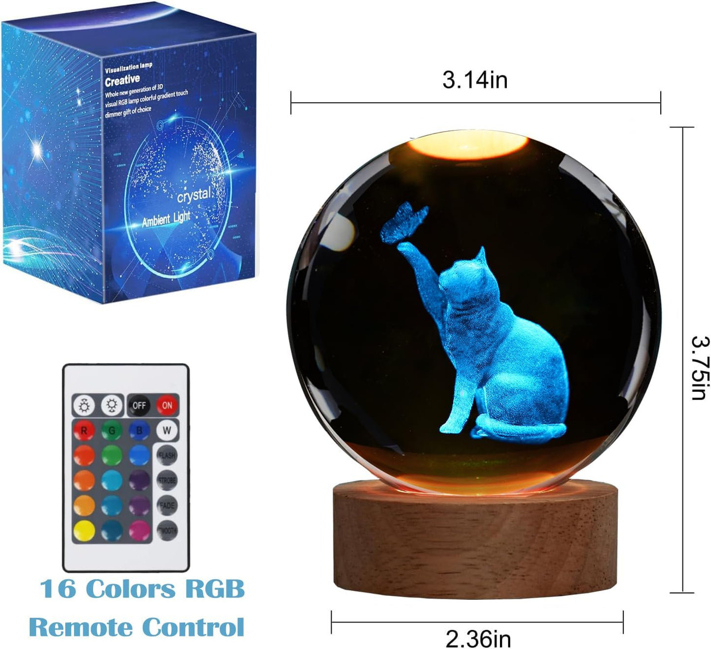 Cat Night Light, Cat Themed Gifts for Girls, K9 3.15 Inch(80mm) Crystal Ball Night Light with 16 Colors Remote Upgraded Lamp for Birthday Xmas Cool Figurines Sympathy Gifts for Room Decor Girls