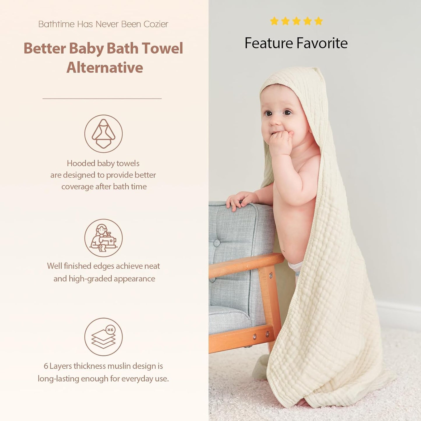 Hooded Baby Towels for Newborn - 2 Pack, 100% Muslin Cotton, Baby Bath Towels with Hood, Soft and Absorbent for Boys, Girls Infant, Toddler and Kids, Large 32x32 Inches, Newborn Essential