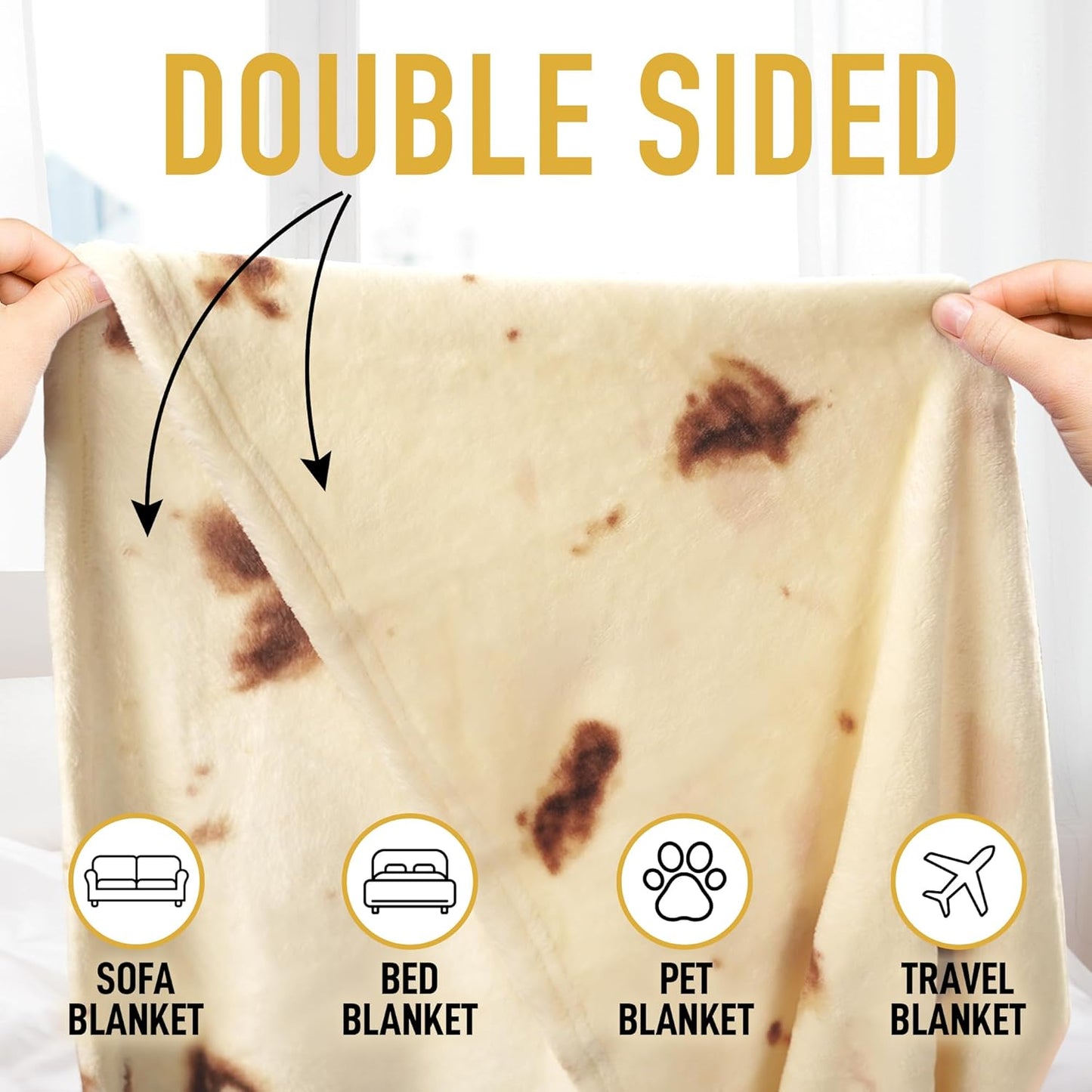 Zulay Kitchen Burritos Tortilla Throw Blanket Double Sided 80 inches for Adult and Kids - Giant Novelty Funny Taco Tortilla Blanket, Soft 285 GSM Flannel - White Elephant Gift