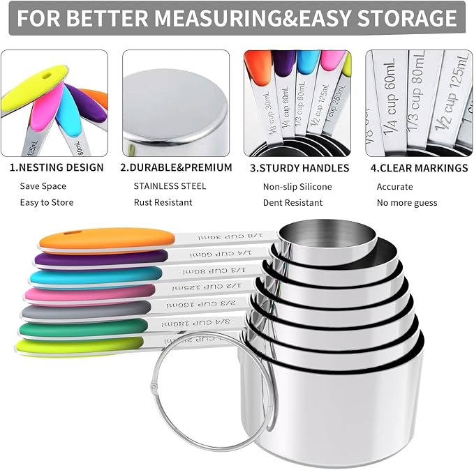 TILUCK Nesting Measuring Cups and Spoons Set, Stainless Steel