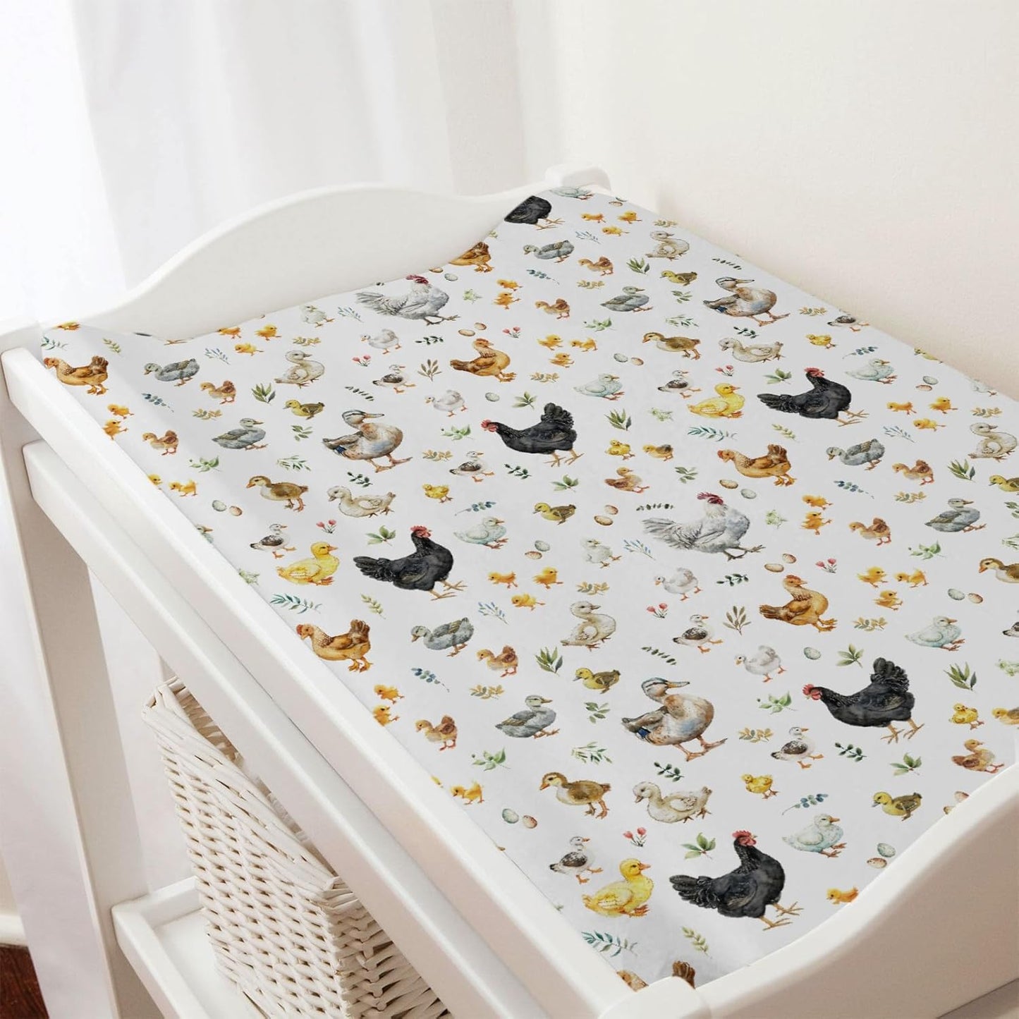 Spring Farm Animals Boho Leaves Changing Pad Covers Chick Rooster Hen Duck Eggs Baby Diaper Changing Pad Cover for Boy Girl Soft Breathable Stretchy Baby Changing Table Sheets Mats 32''x16''