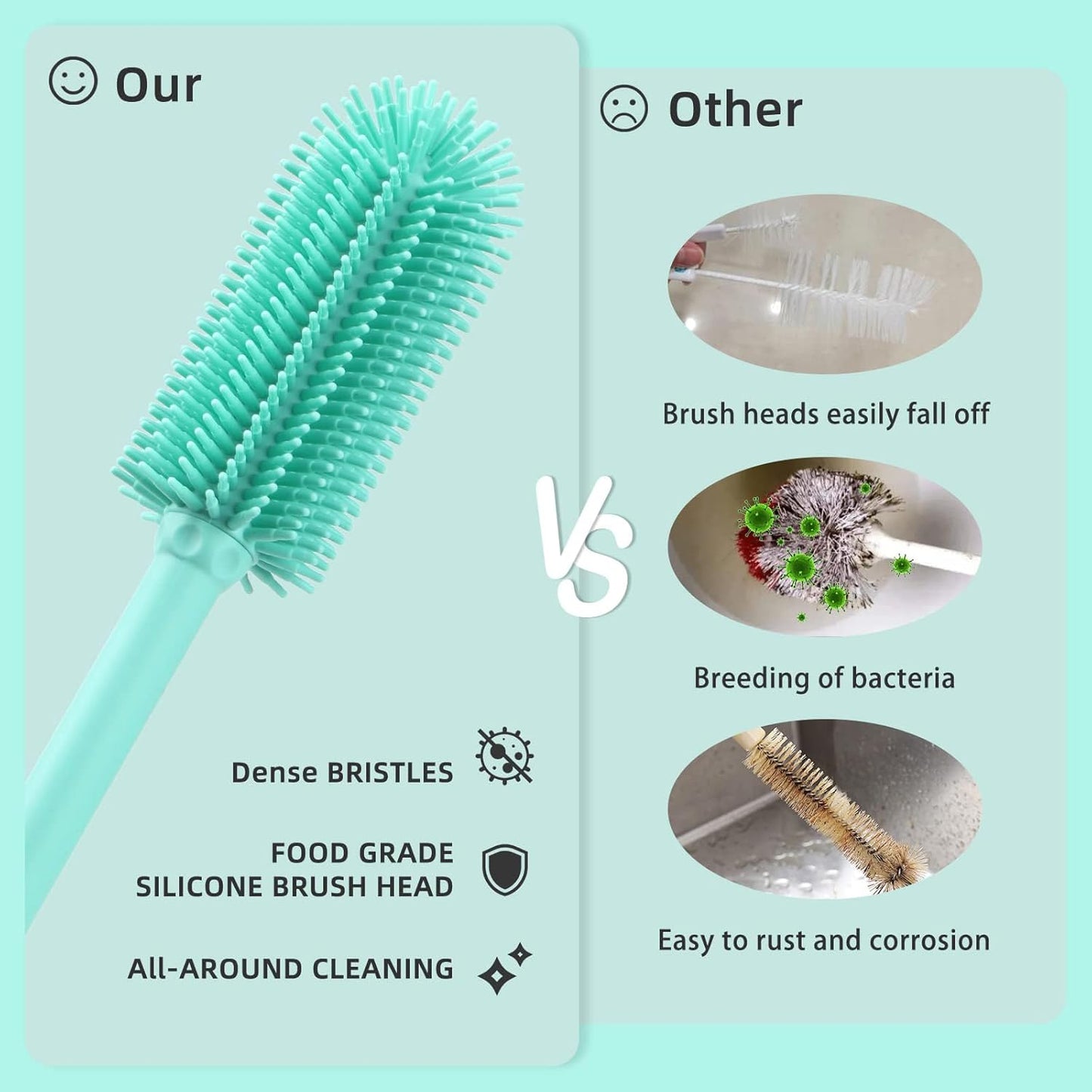 Silicone Bottle Cleaning Brush | 2 Pack| 15.7”+12.6” Water Bottle Brush Cleaner Brush for Hydro Flask,Glassware,Vacuum Sports Bottle&Vases,Water Bottle Cleaner Brush for Narrow Neck Containers