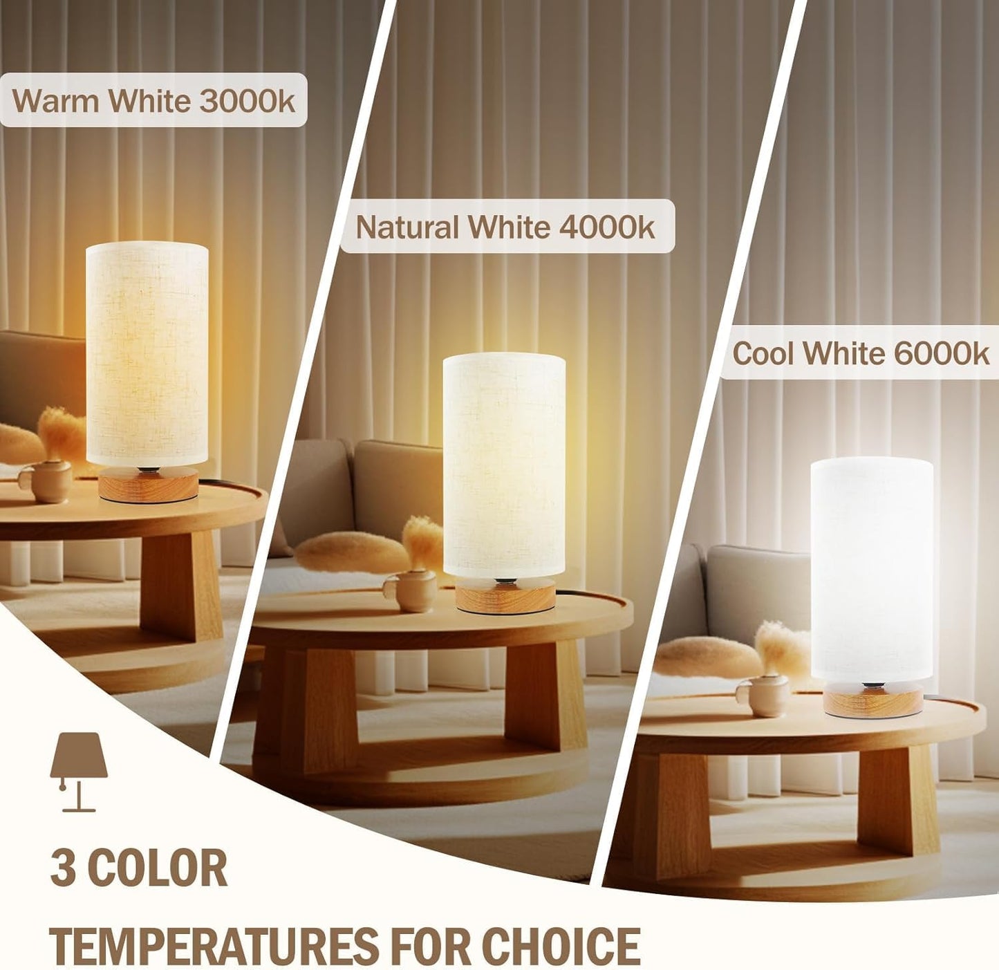 3-Color Adjustable Bedside Table Lamp for Bedroom,Minimalist Wood Base&Round Fabric Shade,Cozy Lighting Nightstand Boho Lamp,Study Reading Desk Night Stand Light for Living Room,Office,kitchen,Nursery