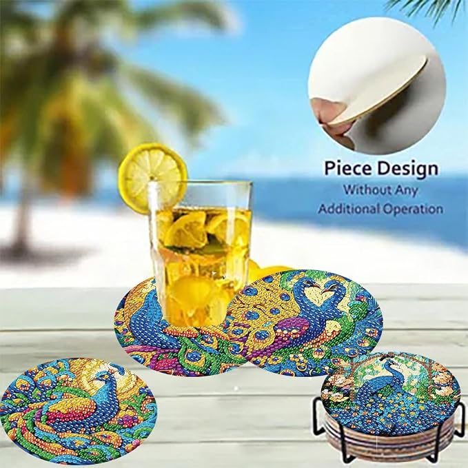8 Pack Diamond Art Coasters, Peacock animals Diamond Painting Coasters Kits |