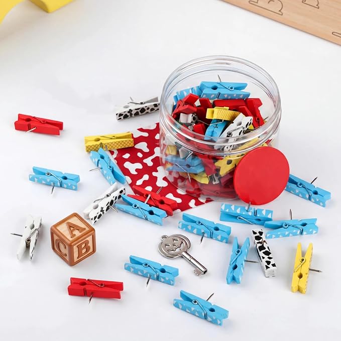 LemonRoad 60 Pcs Push Pin with Wooden Clips Teacher Cork Board Artworks
