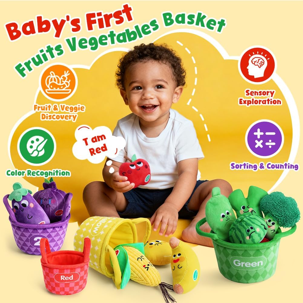 My First Fruit Vegetable Basket, 10 PCS Play Food for Toddler with Sorting Basket, Shapes Sensory Bean Bags, Baby Sensory Toys, Sorting Matching Playset, Soft Plush Stuffed Toys with Crinkle, Rattle