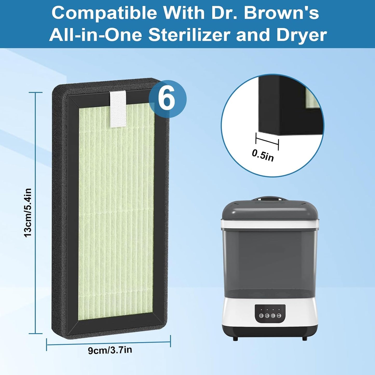 HEPA Replacement Filter Compatible with Dr. Brown's All-in-One Sterilizer and Dryer for Baby Bottles and Pacifiers (6-Pack)