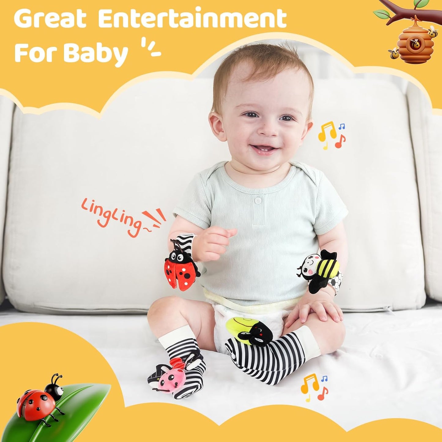 URMYWO Wrist Rattles for Baby - Rattle Socks - Foot Finder Set - High Contrast Black and White Baby Toys for 0-12 Months Infant - Newborn Essentials - Sensery Toys for Boys and Girls as Shower Gifts