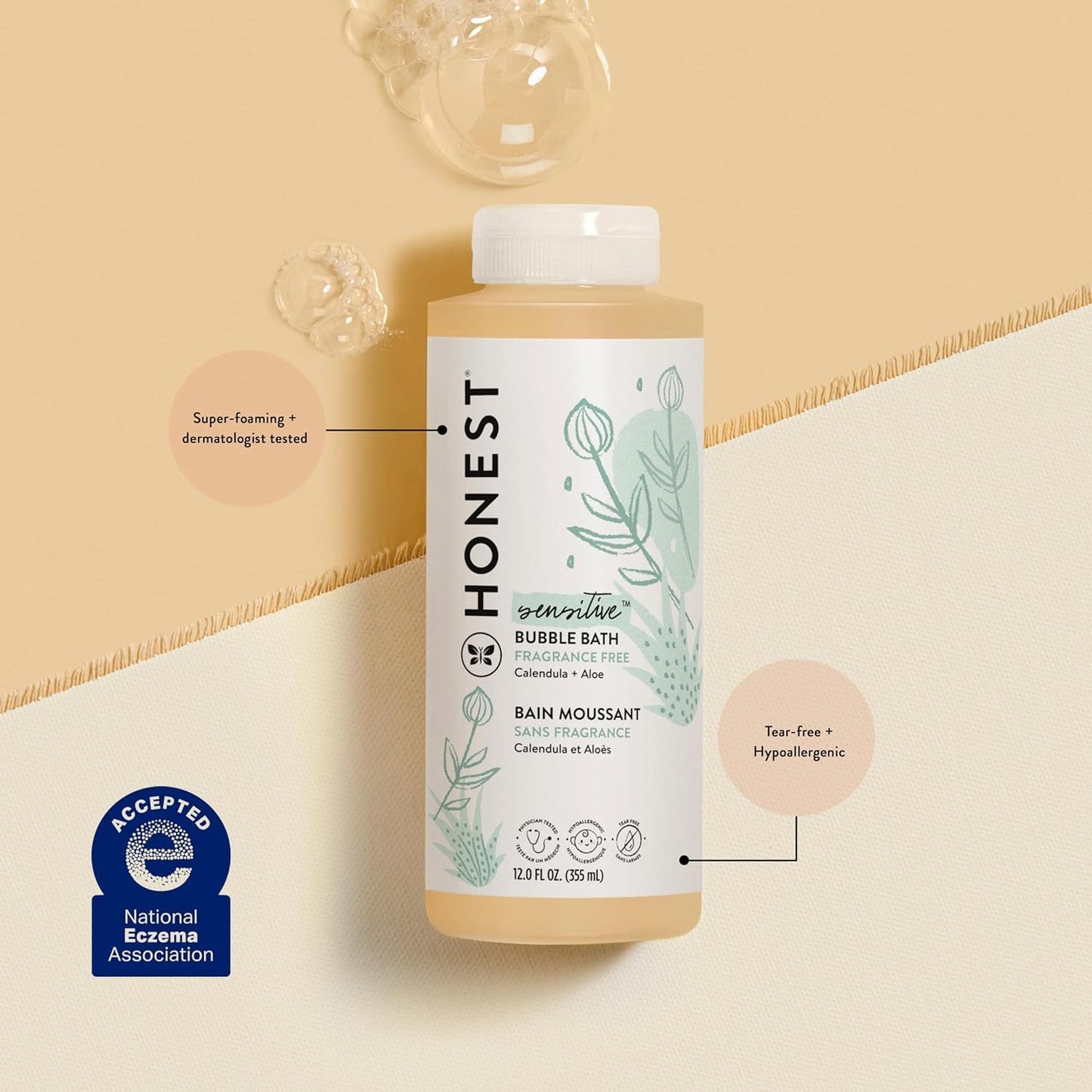 The Honest Company Foaming Bubble Bath | Gentle for Baby | Naturally Derived, Tear-free, Hypoallergenic | Fragrance Free Sensitive, 12 fl oz
