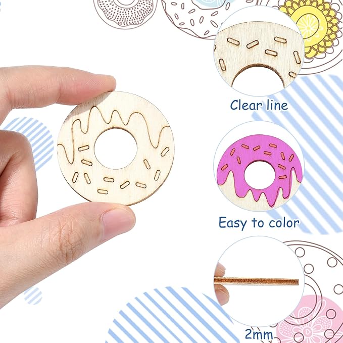 100 Pcs Unfinished Wood Cutouts Donut Wooden Shapes Dessert Wood Crafts