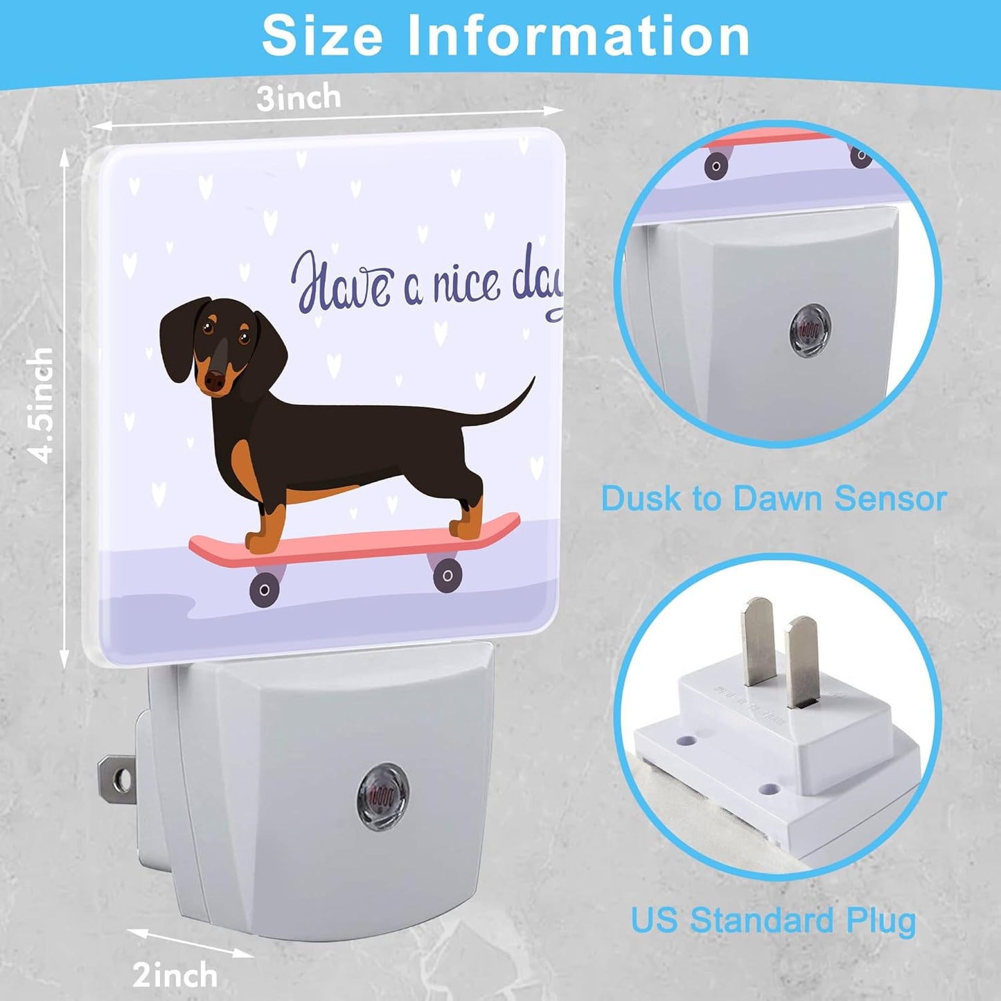 Funny Dachshund on Skateboard Plug in Night Light with Auto Dusk to Dawn Sensor,Warm Night Lights for Boys Girls Bedroom Bathroom Hallway Kids Room Gifts