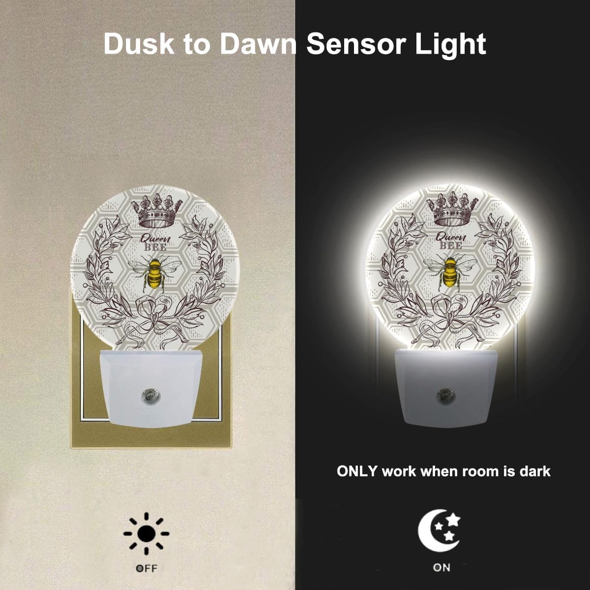 EKOBLA Queen Bee Night Light - Round LED Wall Plug-in Nightlights with Auto Sensor, Dusk to Dawn Lighting for Bedroom, Hallway & Kitchen (Bee Theme)