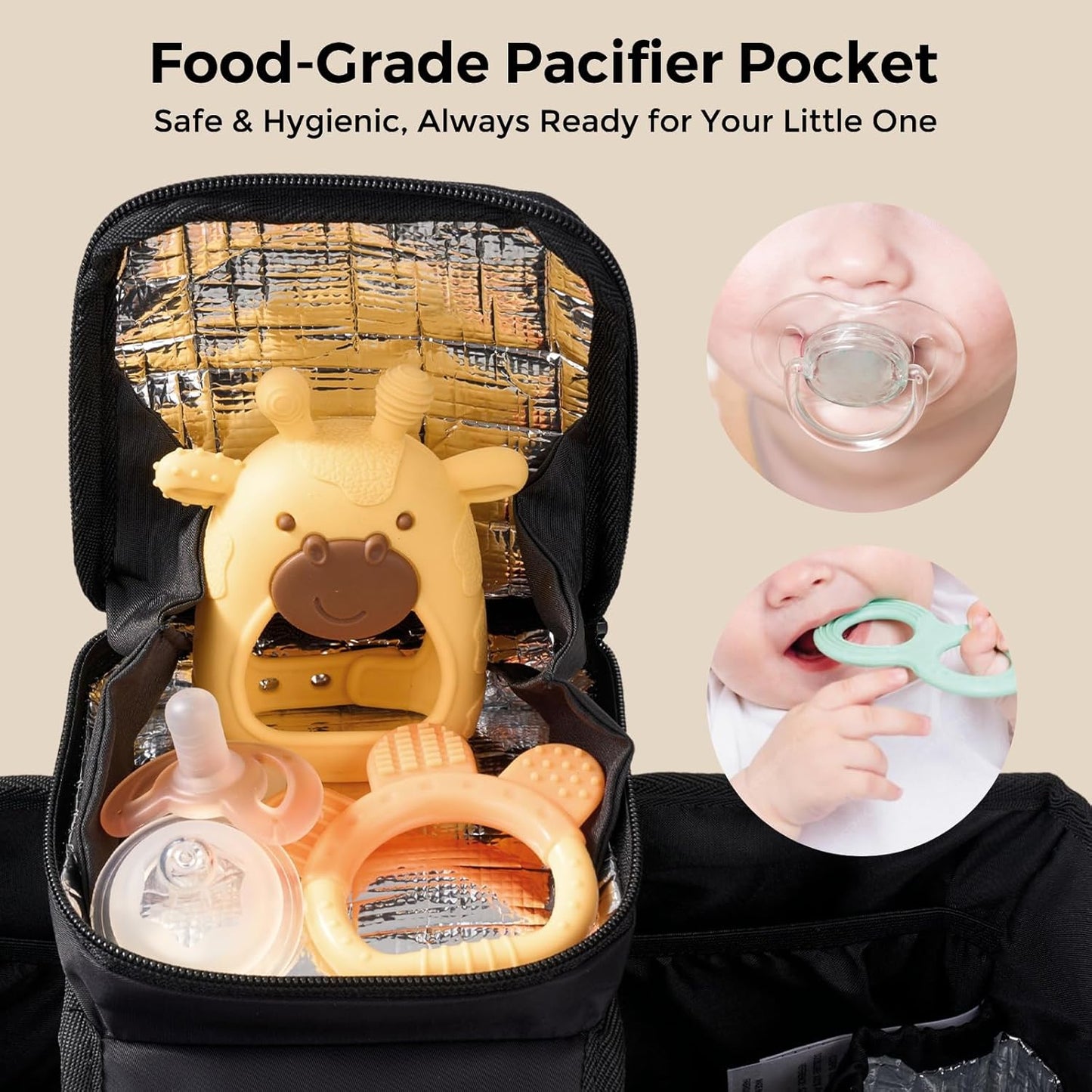 Momcozy Extra Large Stroller Organizer Max | with Food Grade Pacifier Teether Bag | 2 Insulated Cup Holder | Silicone Anti-Slip Straps | 3-Way Usage | Detachable Small Pouch | for UPPAbaby/Doona