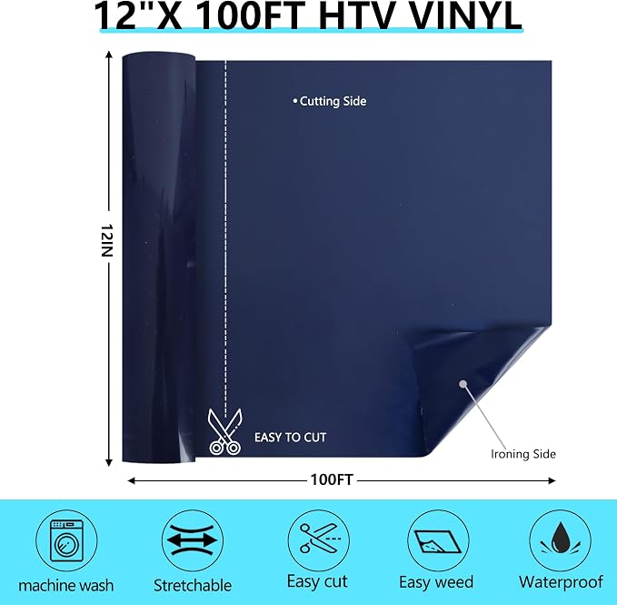 HTVVETUR Navy Blue Iron on Vinyl Roll 12" x 100ft, HTV Heat Transfer Vinyl