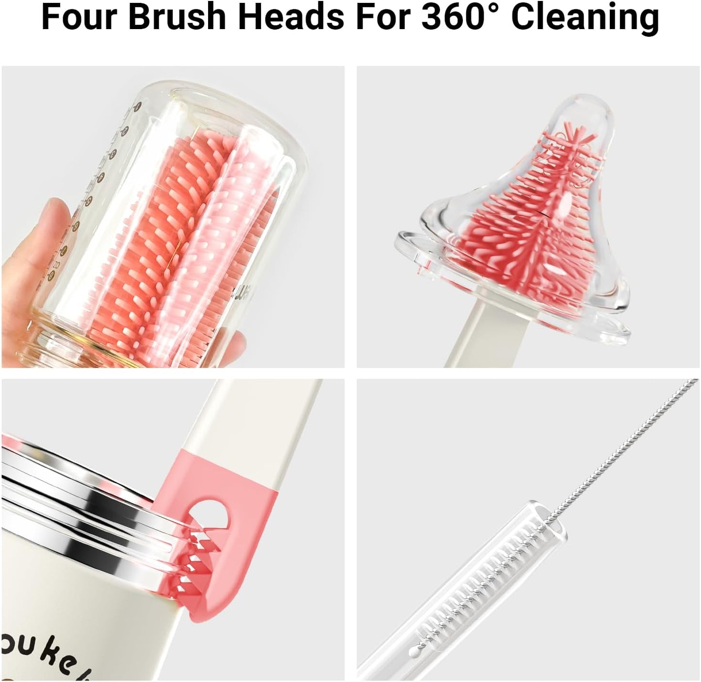 Baby Bottle Brush, 7 in 1 Travel Baby Bottle Cleaner Brush Set with Silicone Brush, Nipple Brush, Straw Brush, Soap Dispenser, Portable Drying Rack, Breast Pump & Bottle Cleaning Kit - Coral Pink