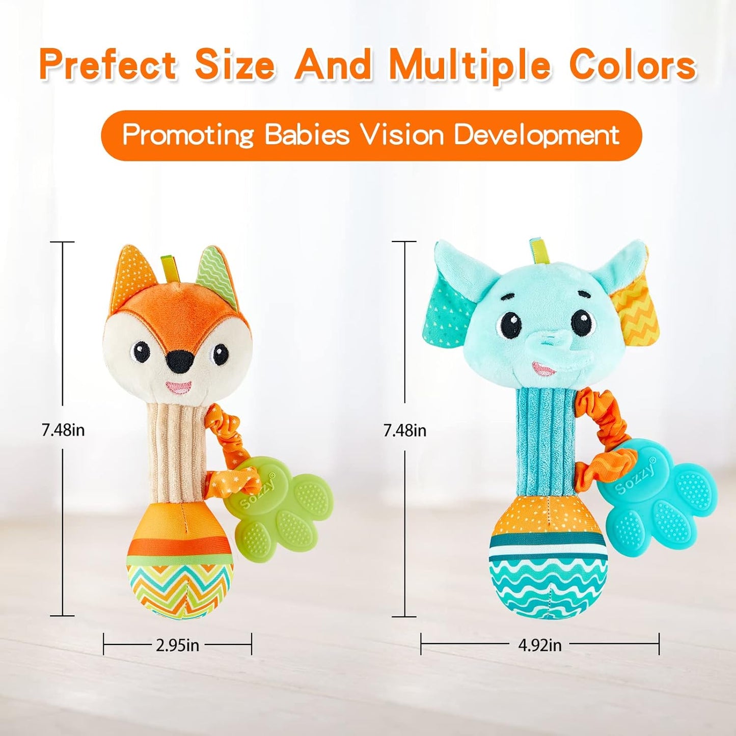 Baby Rattles 0-6 Months，Baby Soft Rattles Shaker，Hand Grab Sensory Shaker,Teething Toys for Babies 6-12 Months，Sensory Plush Animal Toys for 0 3 6 9 12 Months Newborn Toys, 2PCS