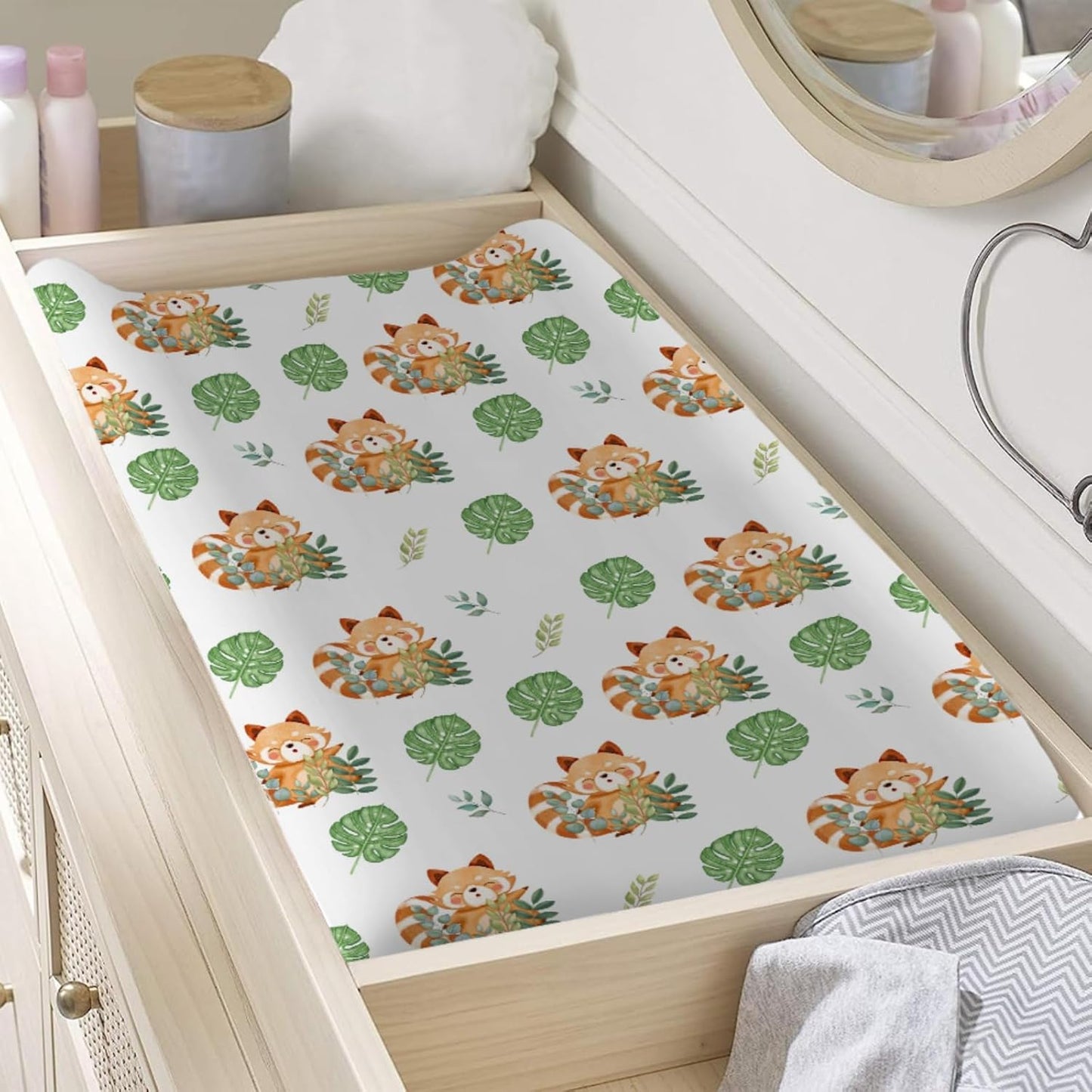 Cartoon Panda Tropical Leaves Changing Pad Cover Cute Panda Boho Leaf Diaper Changing Table Cover Sheets for Boy Girl Animal Wildlife Soft Stretchy Snug Fitted Baby Changing Table Mats 32''x16''