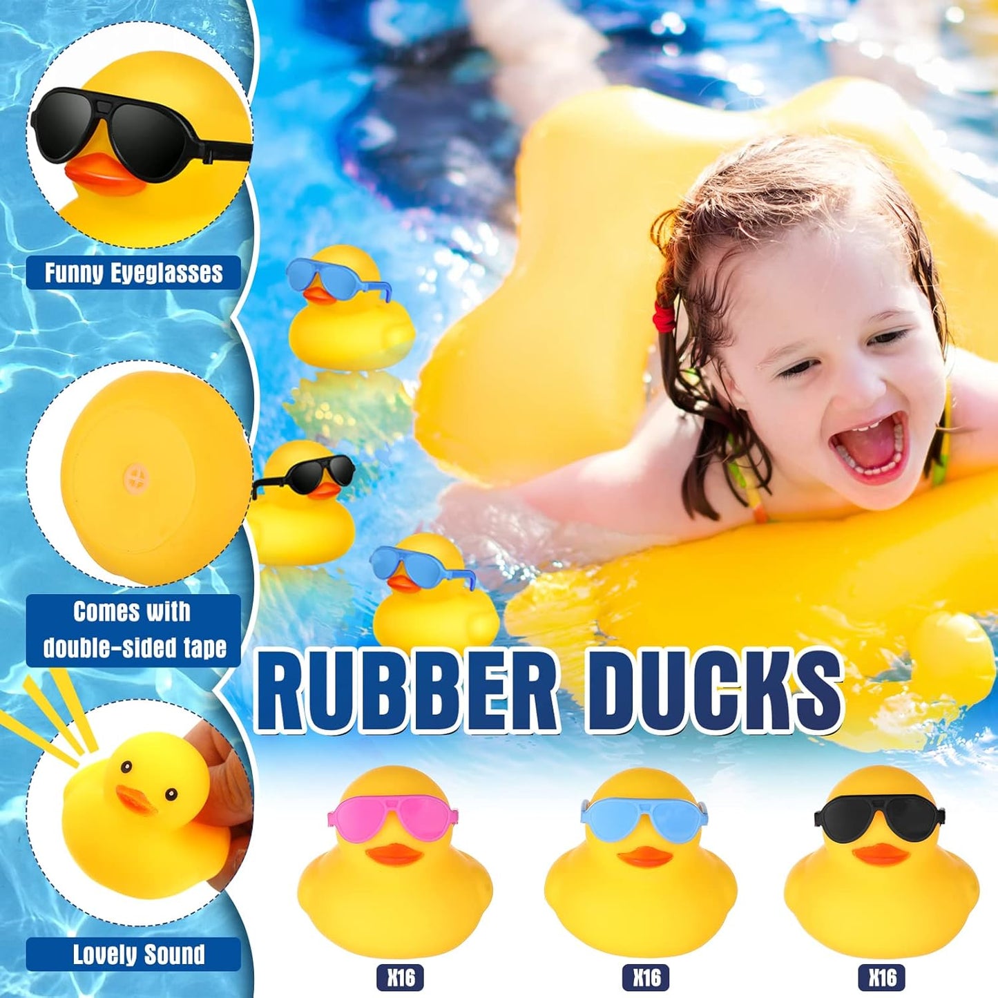 Chivao 48 Pcs Mini Rubber Ducks with Sunglasses in Bulk Small Duck Gift Bathtub Toys for Holiday Cruise Birthday Party Favor(Yellow, Blue, Pink, Black)