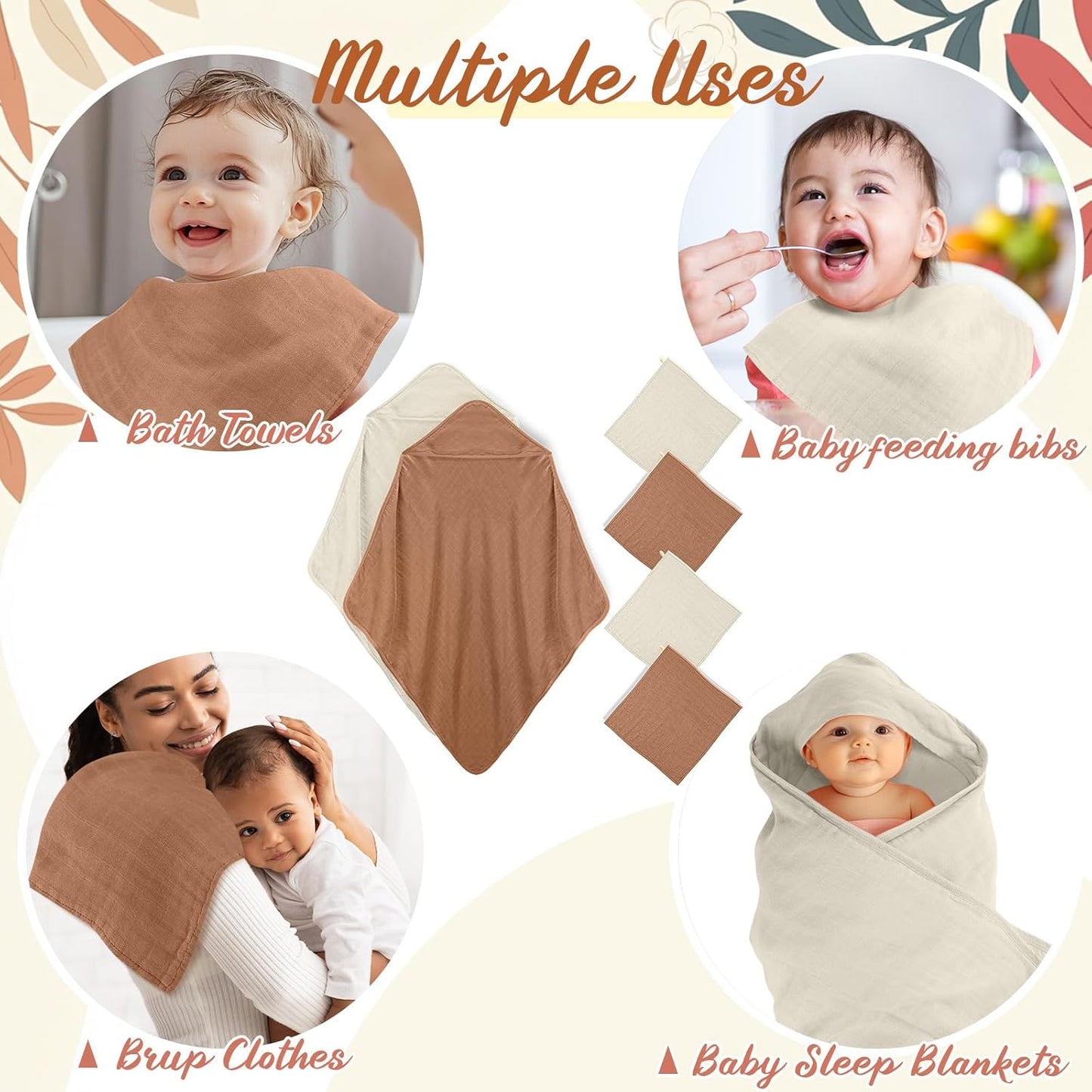 Preboun 6 Pcs Muslin Hooded Baby Towels and Washcloths 32"x 32" Cotton Newborn Bath Towel Anti-Shrink Infant Baby Blankets with Hood 12"x 12" Washcloths for Girl Boy Toddler(Grey,Coffee)