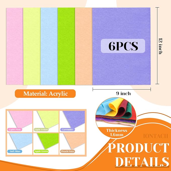 IONTACH 9" X 12" Soft Felt Sheets 1.6mm Thick | Felt Fabric