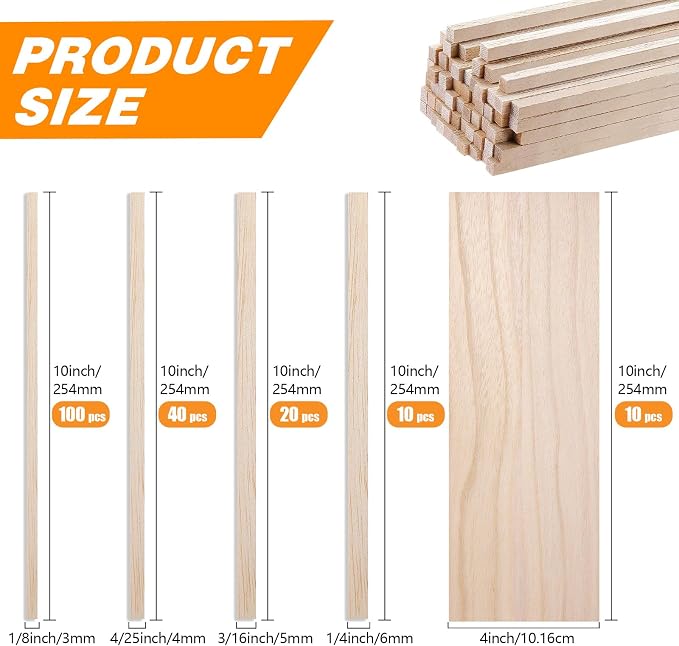 180Pcs Balsa Wood Sticks, Hardwood Square Dowels Unfinished Wooden Strip | 1/8