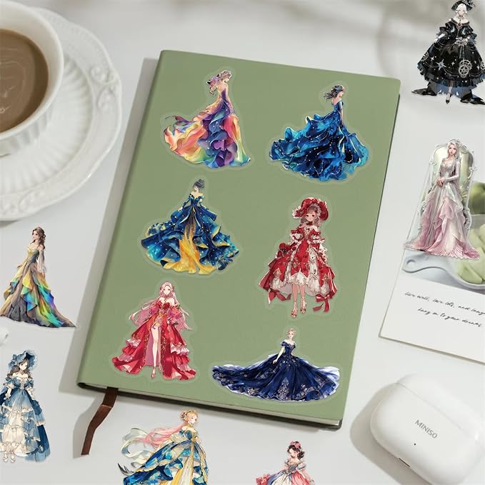 PET Transparent Princess Gown Stickers, Colorful Ball Gown Stickers Gift