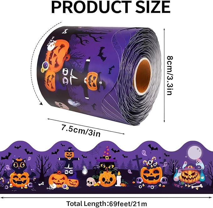 69Ft Halloween Bulletin Board Border Bat Ghost Pumpkin Cat Cobweb Funny