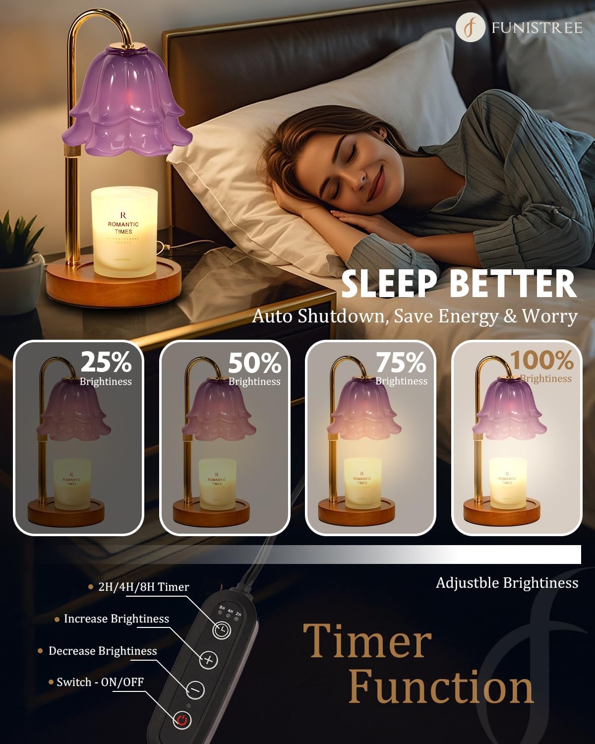 Purple Candle Warmer Lamp with Timer & Dimmer, Adjustable Height Birthday Gifts for Women Mom, Flower Candle Lamp Warmer, Wax Warmer with 2 Bulbs, House Warming New House Decorations