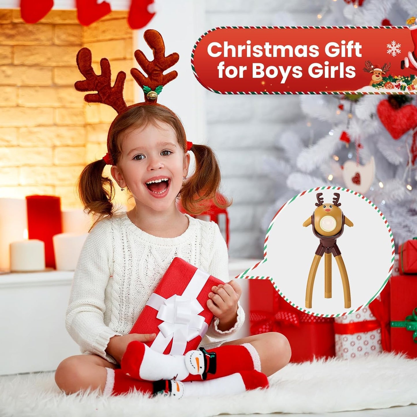 TOLYS Reindeer Kids Flashlight – Rechargeable LED Torch with 8 Songs, USB-C, Fun Flashlight for Boys & Girls, Perfect for Parties, Camping & Outdoor Adventures
