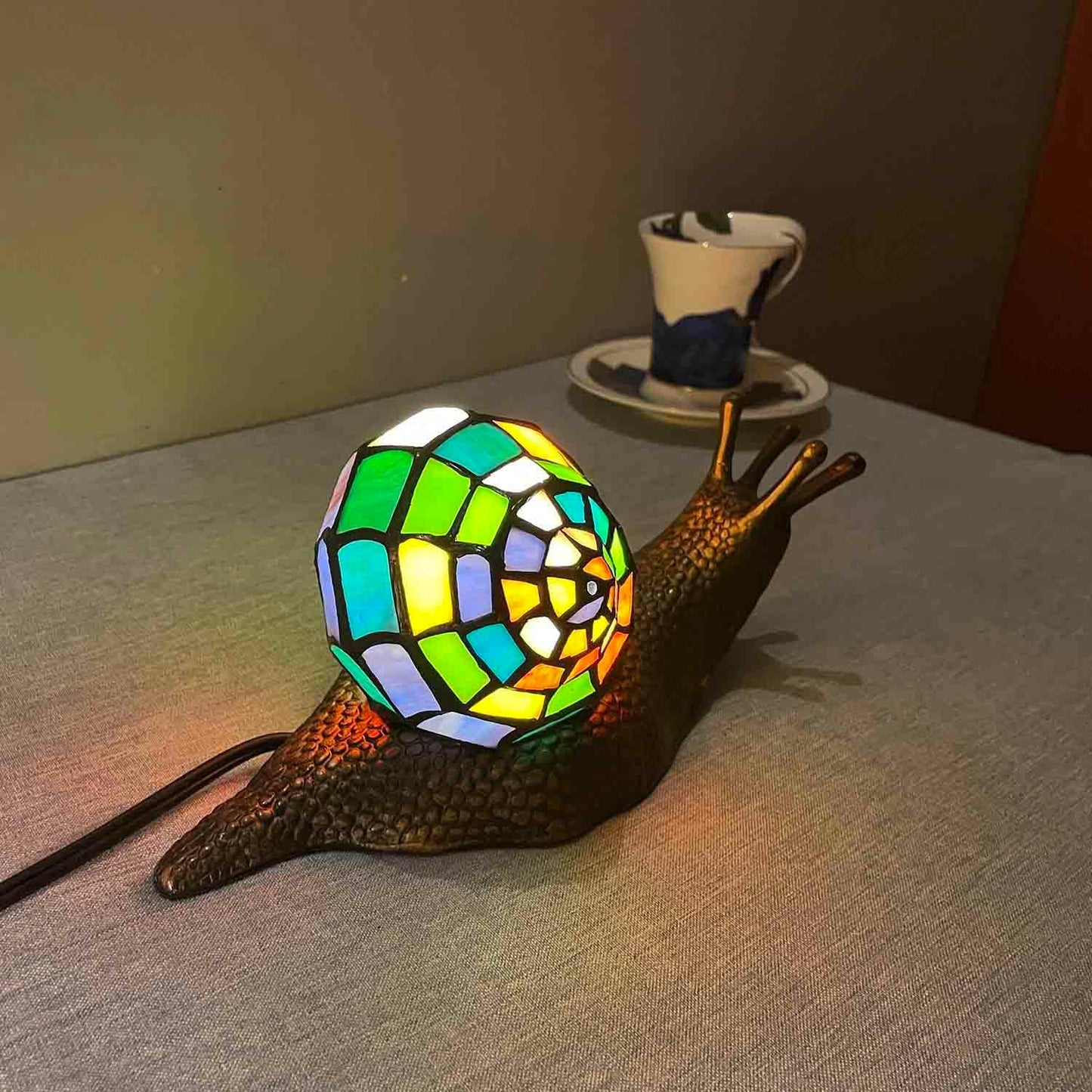 Bieye L13003 Land Snail Tiffany Style Stained Glass Accent Table Lamp for Home Decoration (Multicolor, 10" D x 5" W x 5" H)