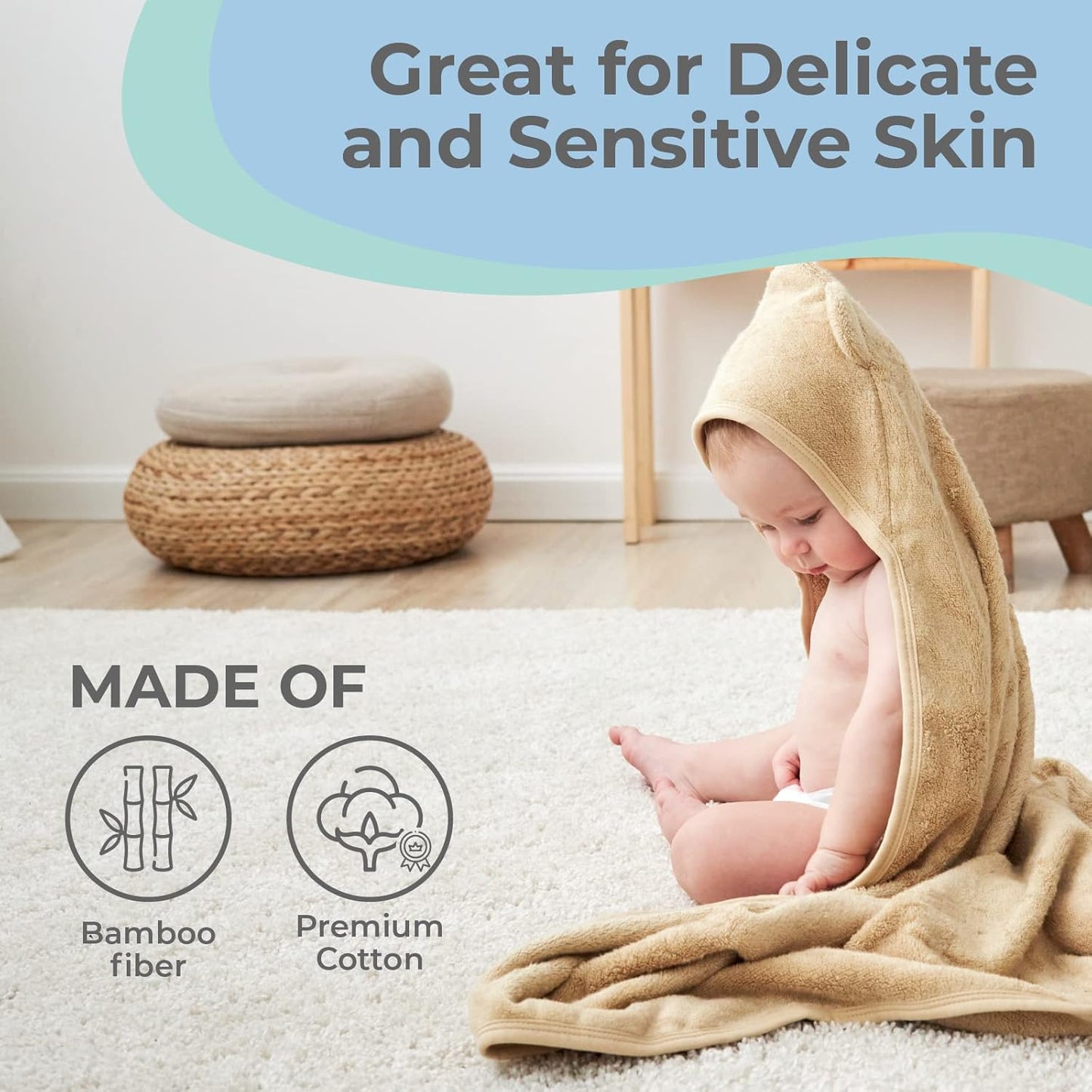 Munich Blue Hooded Bath Towel for Newborn and Toddler Girls and Boys - Soft and Cozy Baby Towel with Cute Bear Ears (600GSM, 35 x 35 inch)