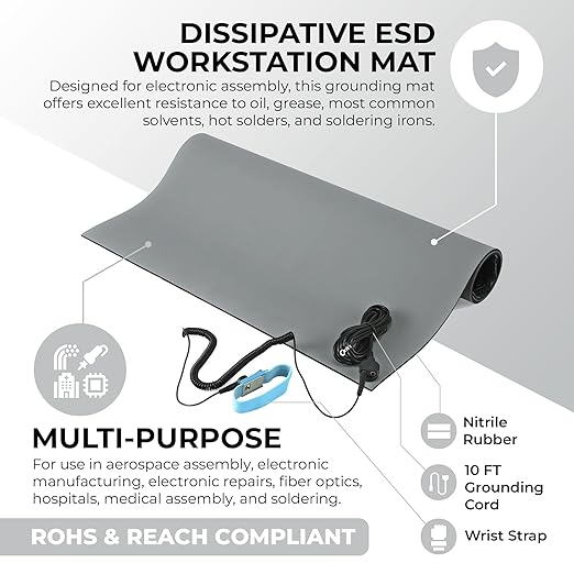 MWRF Source ESD Mat Kit with Wrist Strap and Grounding Cord (0.12" Thickness) (18 Inches x 47 Inches, Grey)