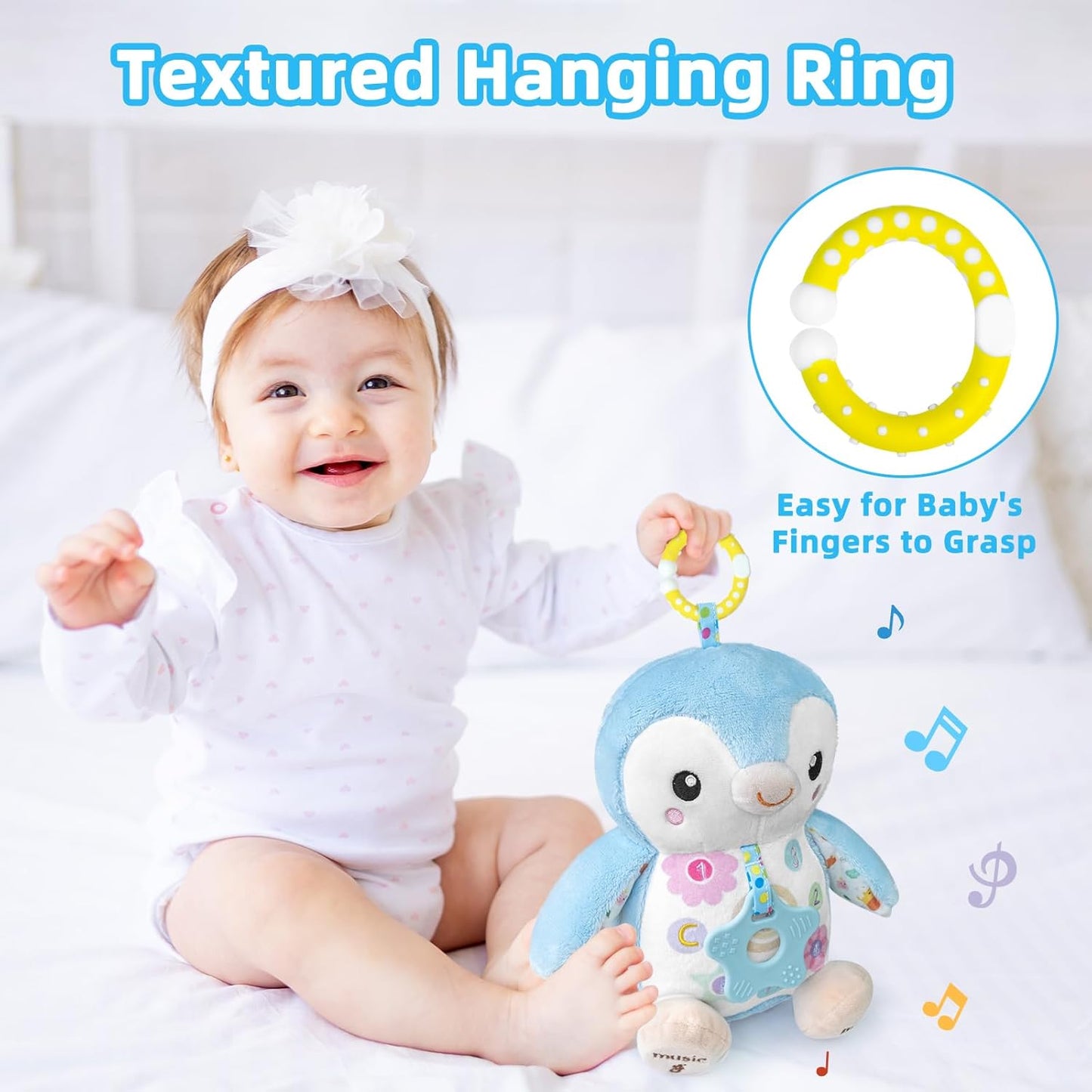 Baby Toys 0-6 Months,Musical Plush Stuffed Animal with Rattles & Crinkle Paper,Hanging Ring for Sensory Play,Tummy Time Toys for 0-12 Months Girls, Baby Girl Gift (Blue)