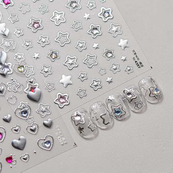Star Nail Art Stickers Silver Star 5D Embossed Nail Decals
