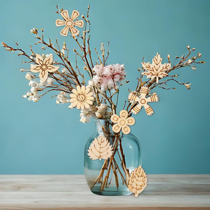 100 Pack Wooden Flower Cutouts for Crafts, 20mm Wood Spring Ornaments to Paint