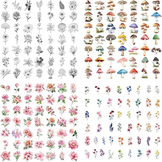 200 Pcs Clear PET Stickers Black Fine Line Flowers, Wildflowers & Mushrooms