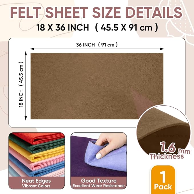 Soft Felt Fabric Sheet 18" x 36", 1.6mm Acrylic Craft Felt, Coffee | Soft Thick